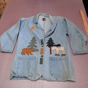 Vintage Sun‎ Belt Denim Jacket Women Small Blue Mid Length Outdoor Embroidered